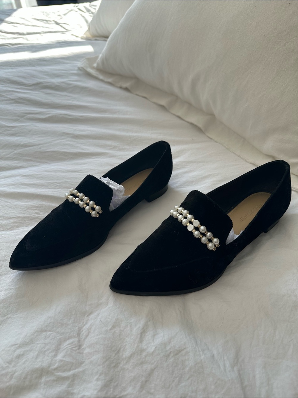 Marc Fisher Black Velvet Pearl-Trim Pointed Loafers, size 8 - Picture 7 of 11